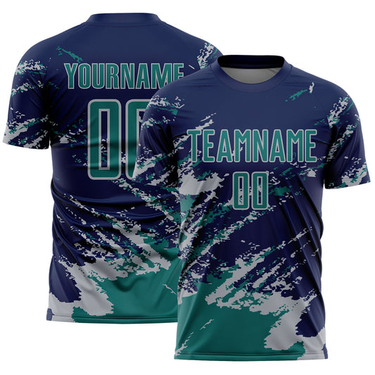 Custom Navy Teal-Gray Abstract Fragment Art Splash Sports Sublimation Soccer Uniform Jersey - Main View