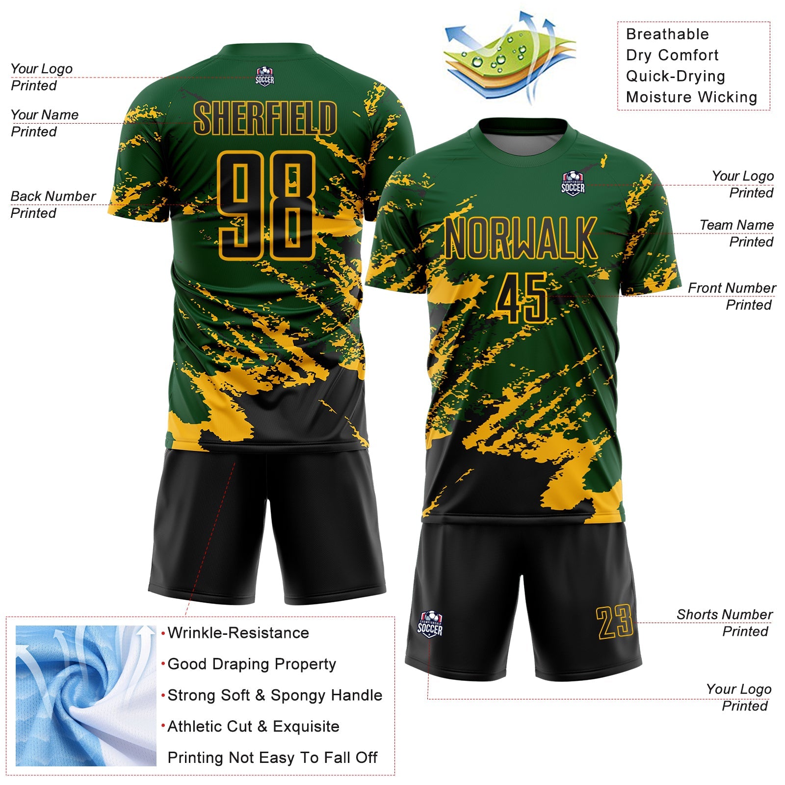 Custom Green Black-Gold Abstract Fragment Art Splash Sports Sublimation Soccer Uniform Jersey view 4