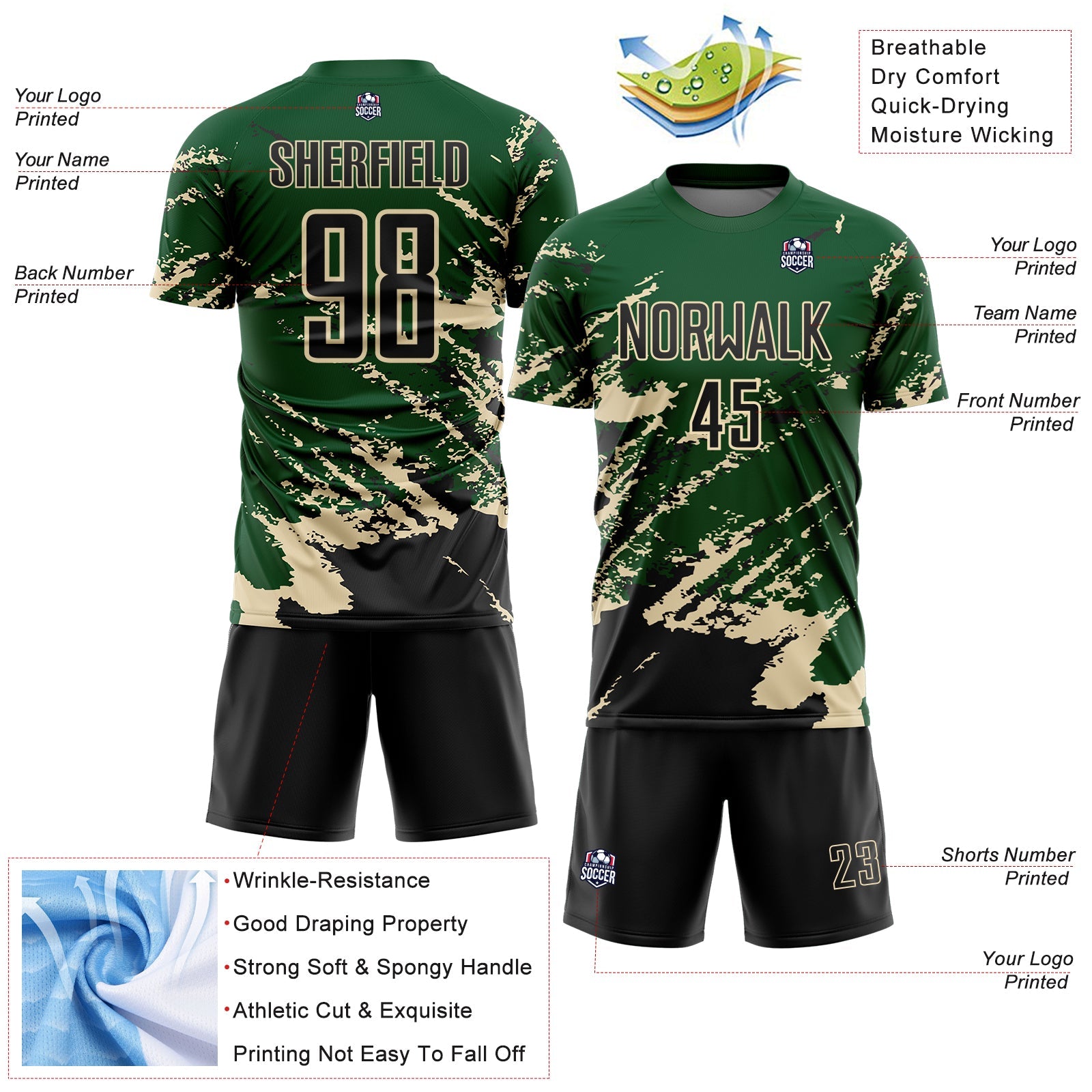 Custom Green Black-Cream Abstract Fragment Art Splash Sports Sublimation Soccer Uniform Jersey view 4