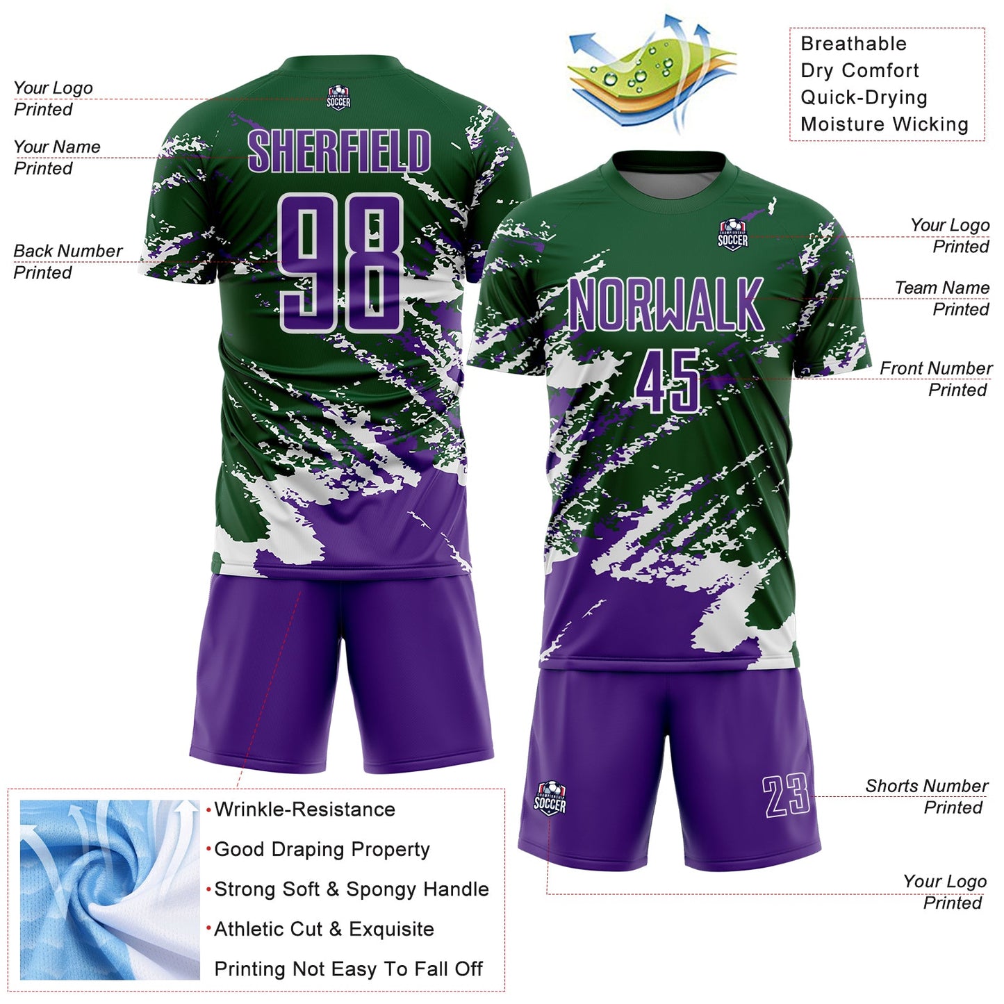 Custom Green Purple-White Abstract Fragment Art Splash Sports Sublimation Soccer Uniform Jersey view 4