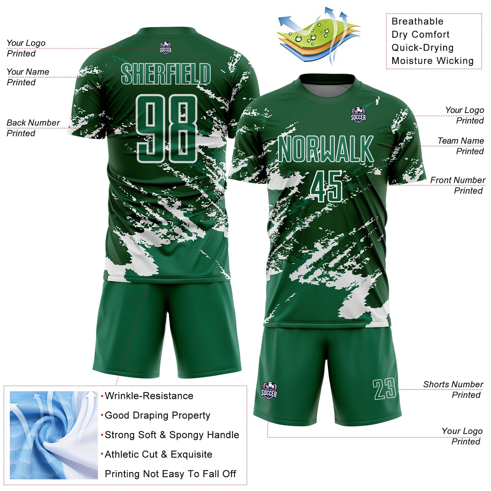 Custom Green Kelly Green-White Abstract Fragment Art Splash Sports Sublimation Soccer Uniform Jersey view 4
