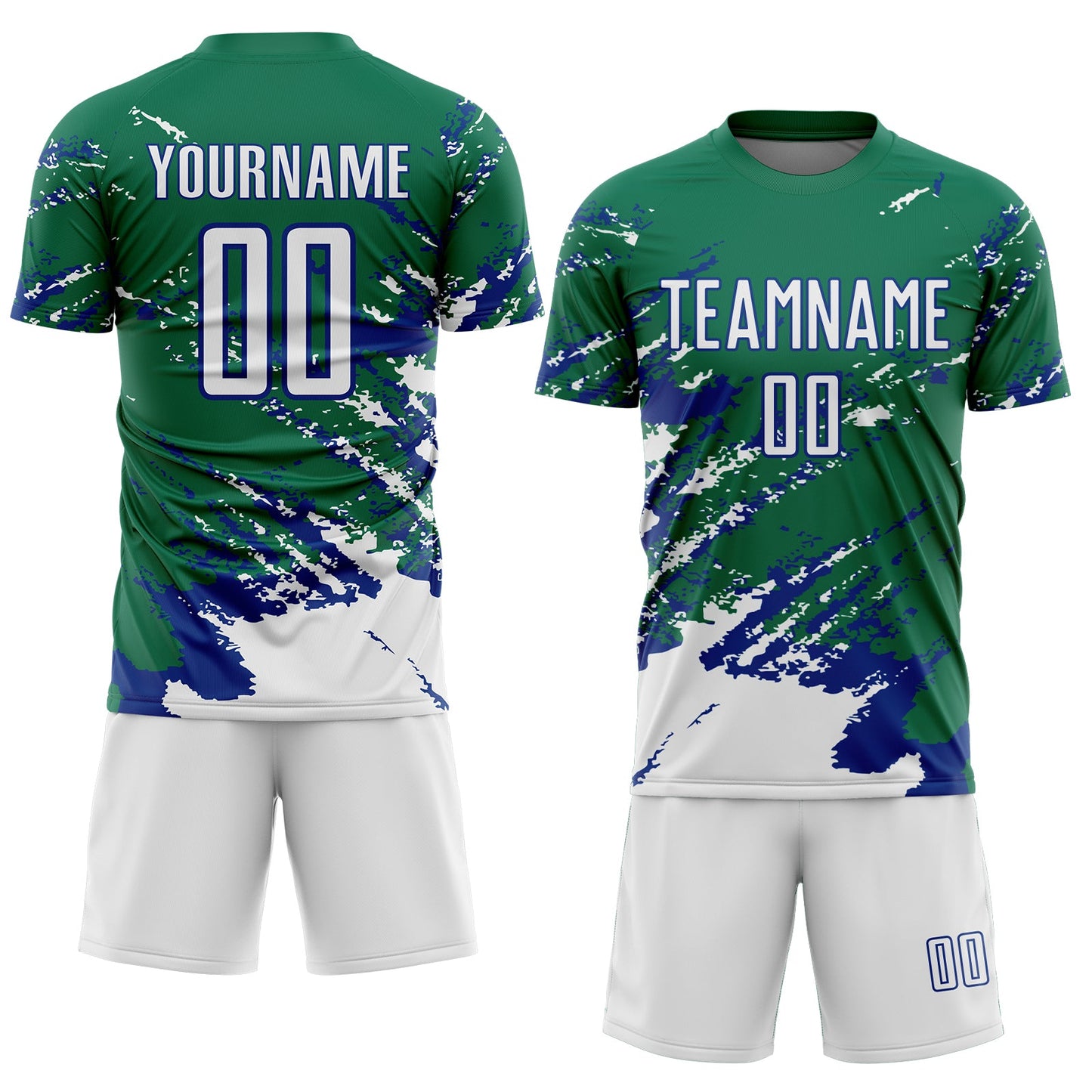 Custom Kelly Green White-Royal Abstract Fragment Art Splash Sports Sublimation Soccer Uniform Jersey view 2