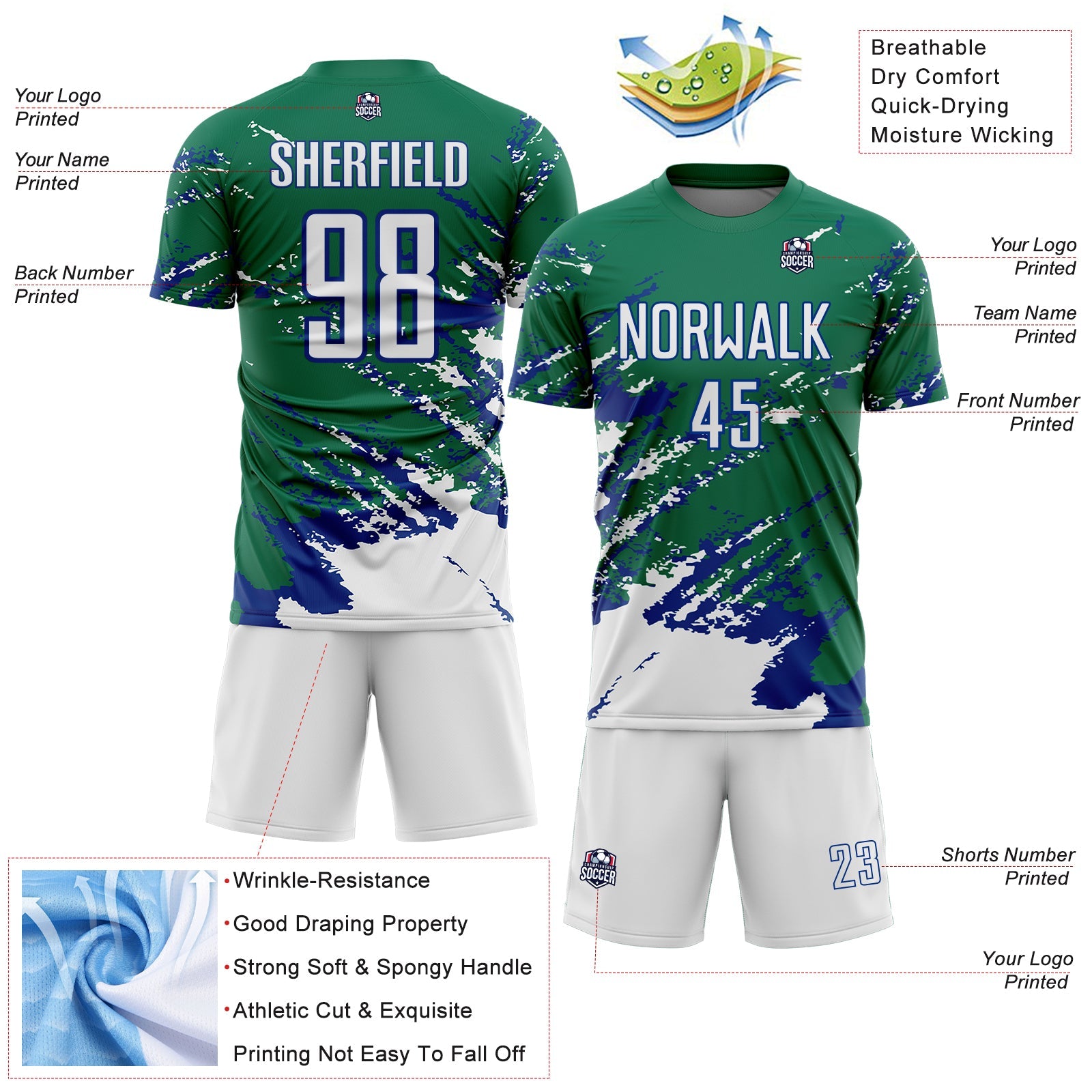 Custom Kelly Green White-Royal Abstract Fragment Art Splash Sports Sublimation Soccer Uniform Jersey view 4