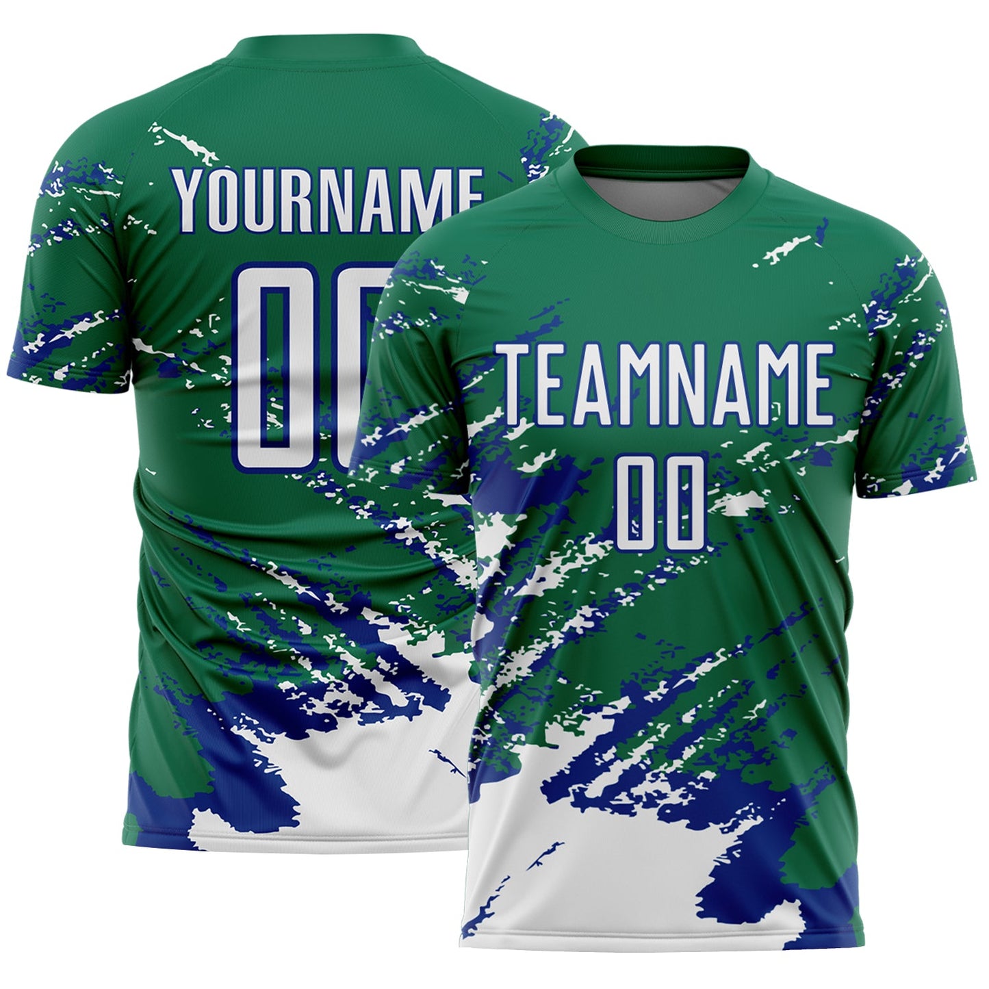 Custom Kelly Green White-Royal Abstract Fragment Art Splash Sports Sublimation Soccer Uniform Jersey - Main View