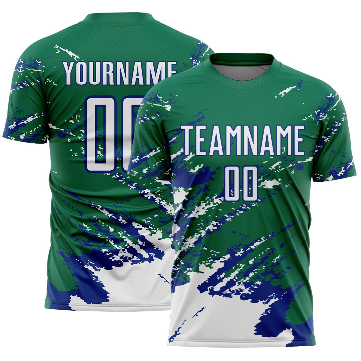 Custom Kelly Green White-Royal Abstract Fragment Art Splash Sports Sublimation Soccer Uniform Jersey - Main View