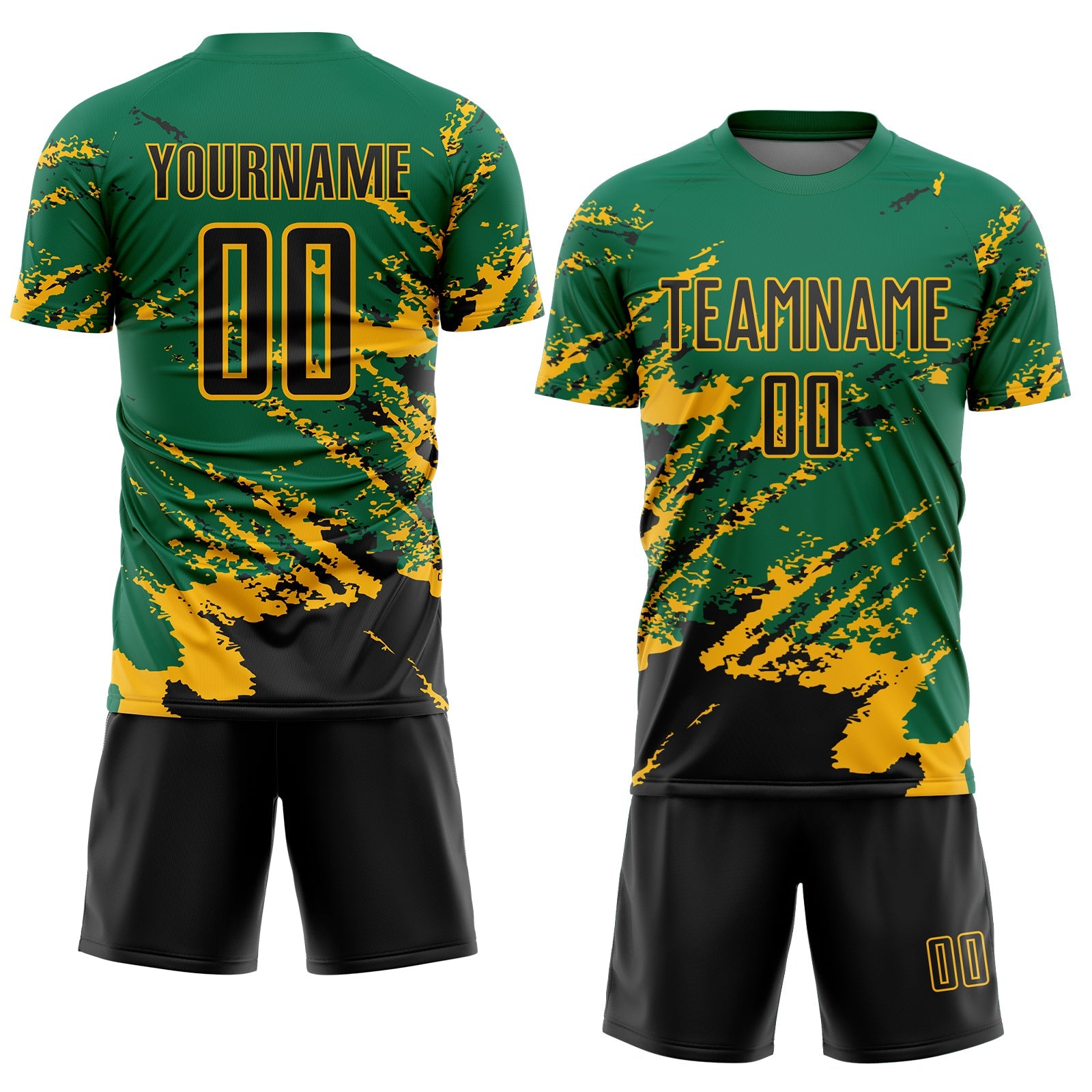 Custom Kelly Green Black-Gold Abstract Fragment Art Splash Sports Sublimation Soccer Uniform Jersey view 2