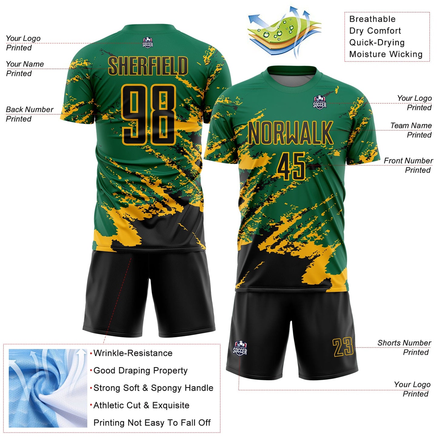 Custom Kelly Green Black-Gold Abstract Fragment Art Splash Sports Sublimation Soccer Uniform Jersey view 4