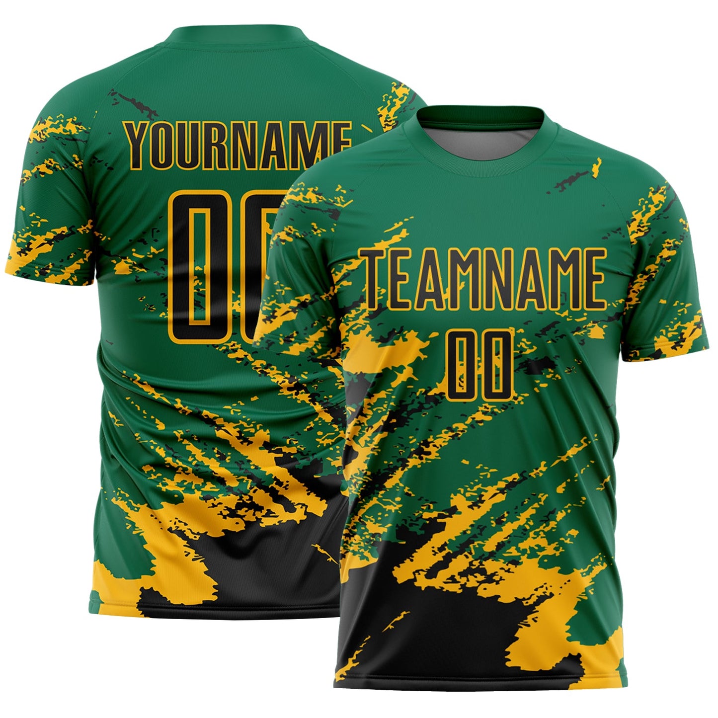 Custom Kelly Green Black-Gold Abstract Fragment Art Splash Sports Sublimation Soccer Uniform Jersey - Main View
