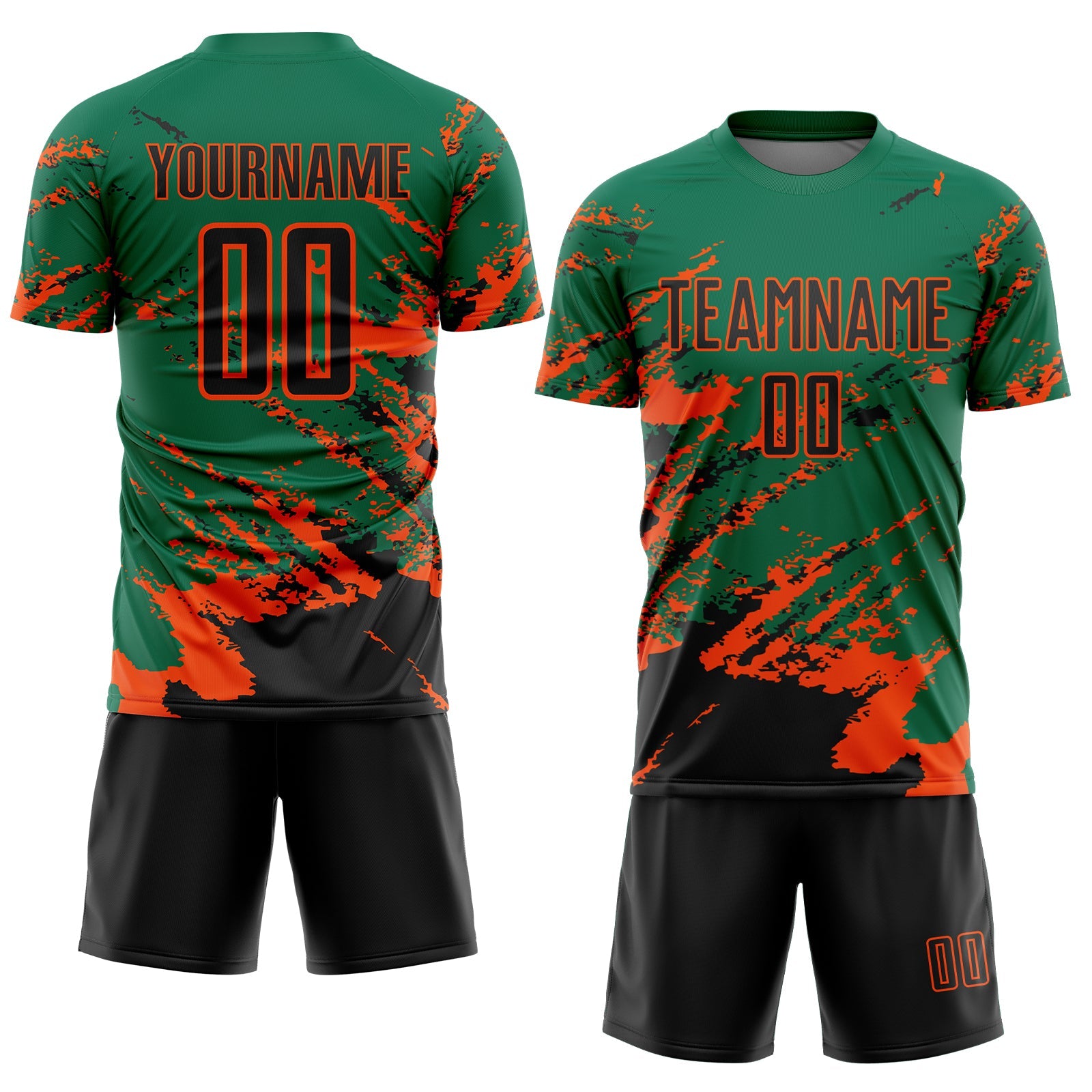 Custom Kelly Green Black-Orange Abstract Fragment Art Splash Sports Sublimation Soccer Uniform Jersey view 2