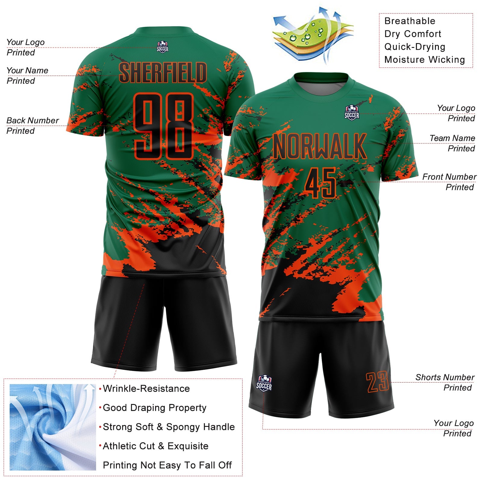 Custom Kelly Green Black-Orange Abstract Fragment Art Splash Sports Sublimation Soccer Uniform Jersey view 4