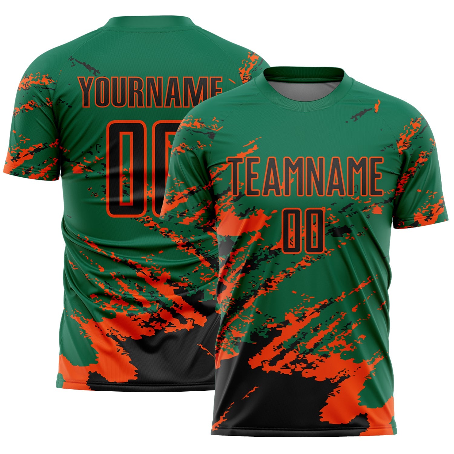 Custom Kelly Green Black-Orange Abstract Fragment Art Splash Sports Sublimation Soccer Uniform Jersey - Main View
