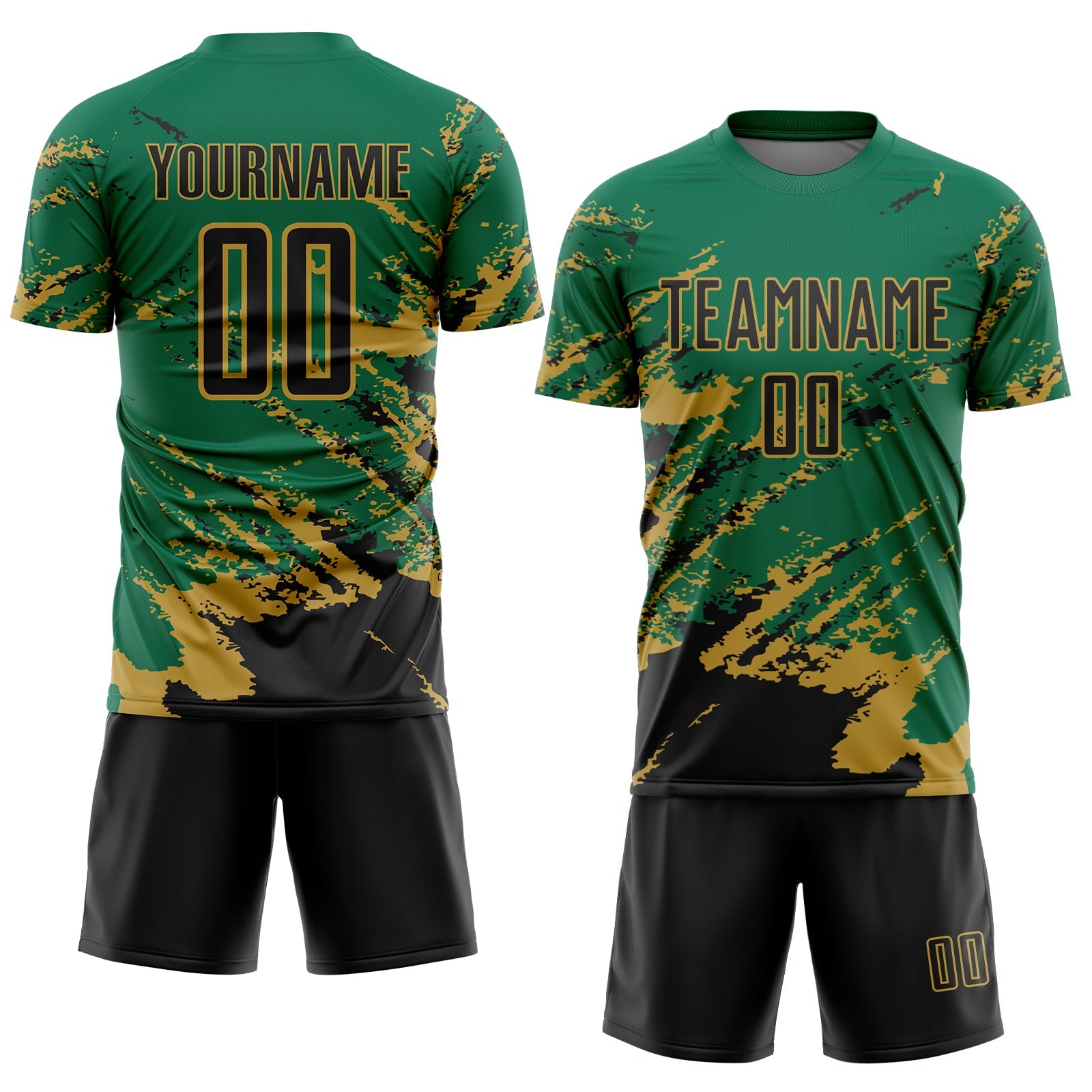 Custom Kelly Green Black-Old Gold Abstract Fragment Art Splash Sports Sublimation Soccer Uniform Jersey view 2