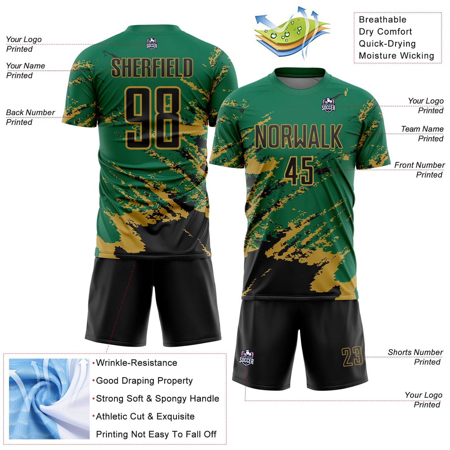 Custom Kelly Green Black-Old Gold Abstract Fragment Art Splash Sports Sublimation Soccer Uniform Jersey view 4