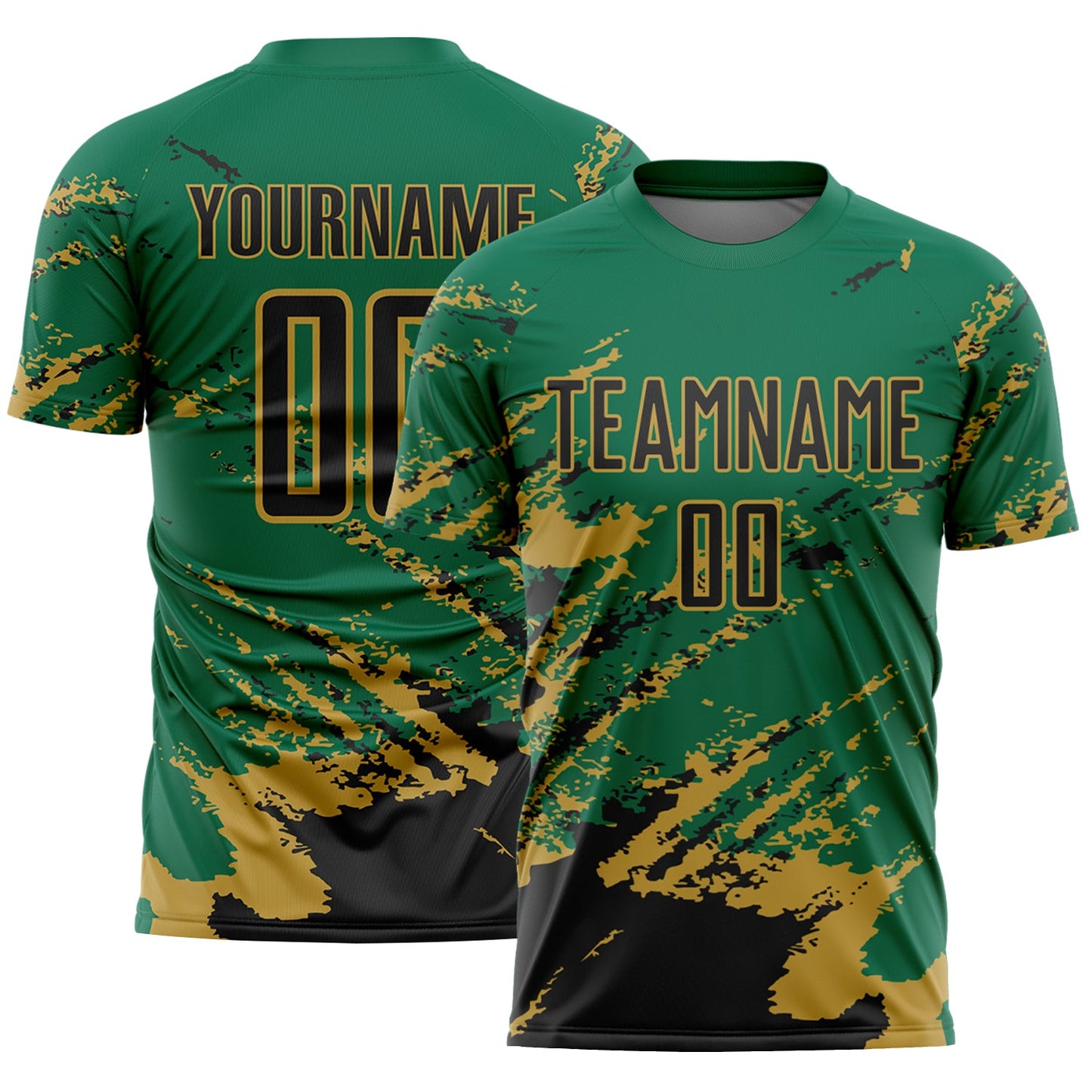 Custom Kelly Green Black-Old Gold Abstract Fragment Art Splash Sports Sublimation Soccer Uniform Jersey - Main View