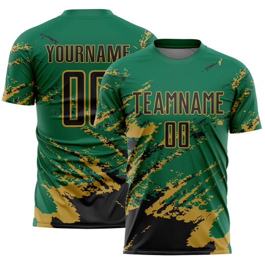 Custom Kelly Green Black-Old Gold Abstract Fragment Art Splash Sports Sublimation Soccer Uniform Jersey - Main View