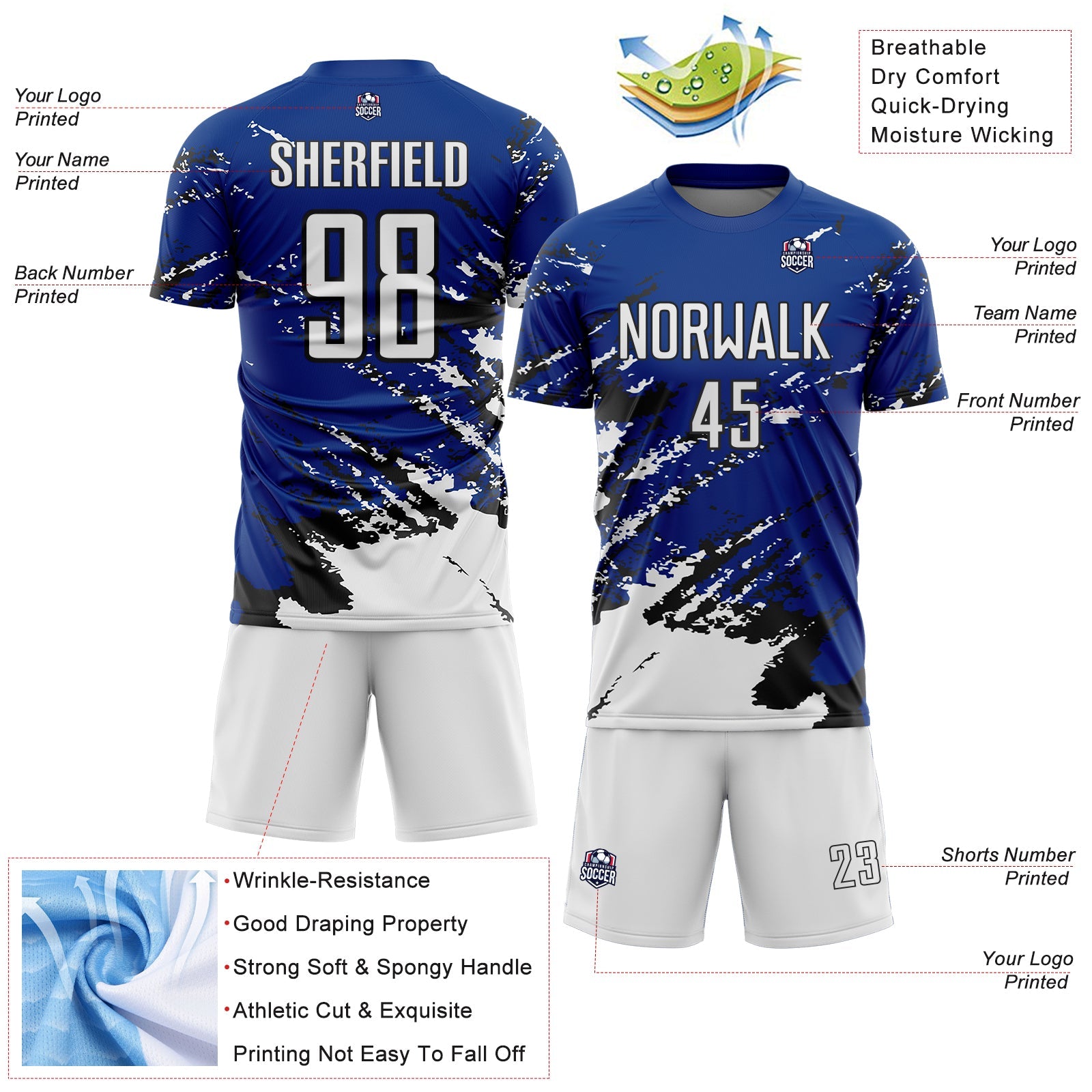 Custom Royal White-Black Abstract Fragment Art Splash Sports Sublimation Soccer Uniform Jersey view 4