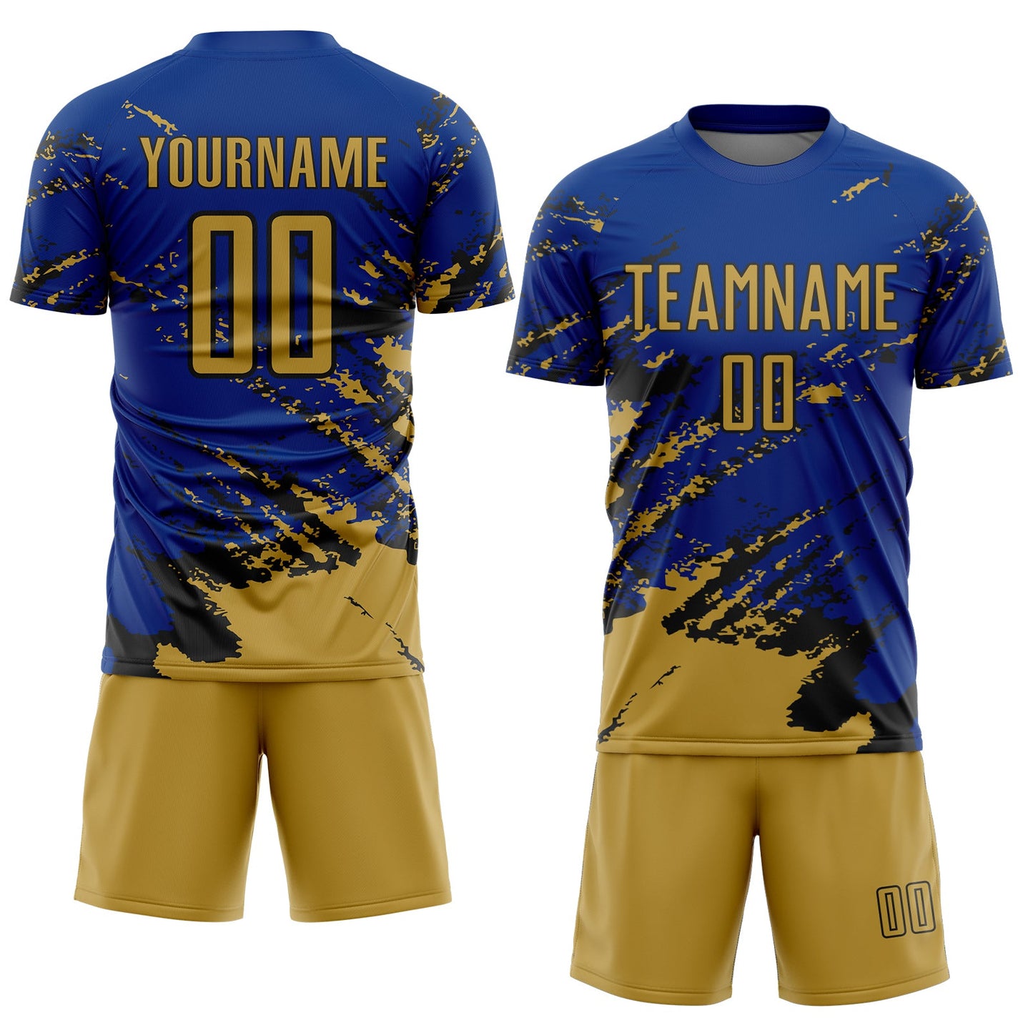 Custom Royal Old Gold-Black Abstract Fragment Art Splash Sports Sublimation Soccer Uniform Jersey view 2