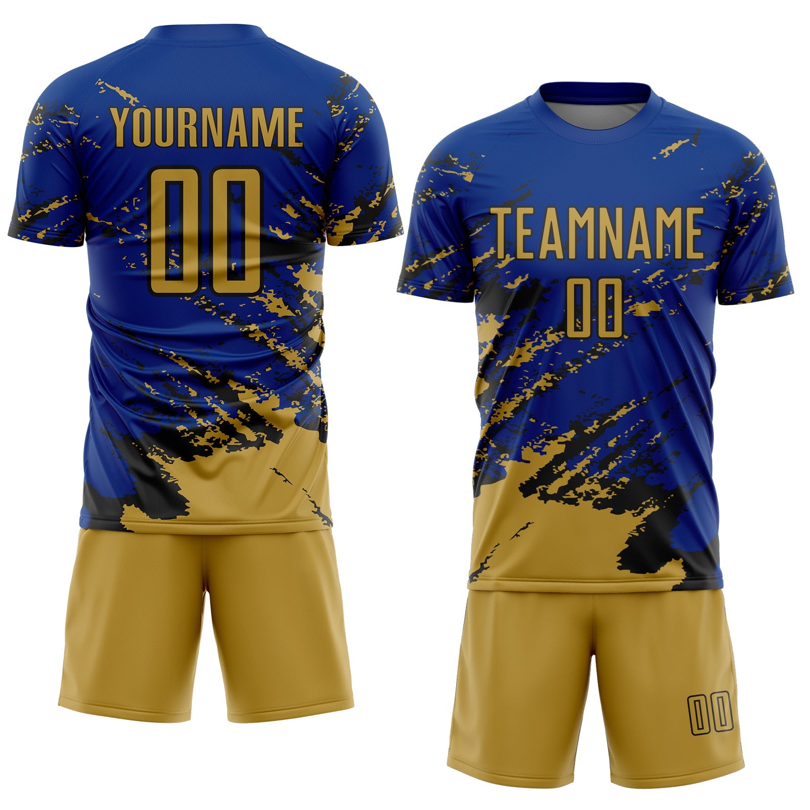 Custom Royal Old Gold-Black Abstract Fragment Art Splash Sports Sublimation Soccer Uniform Jersey view 2