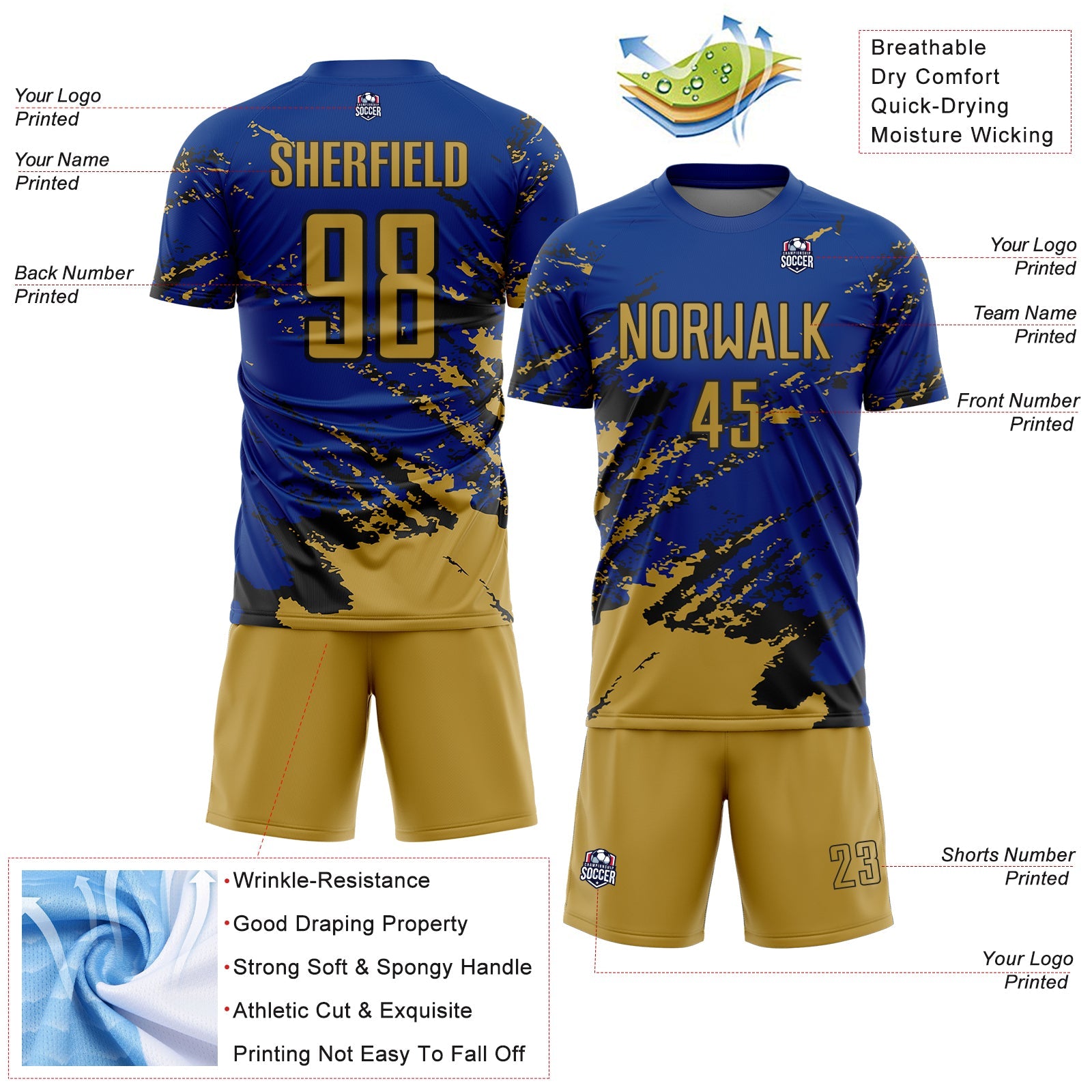 Custom Royal Old Gold-Black Abstract Fragment Art Splash Sports Sublimation Soccer Uniform Jersey view 4