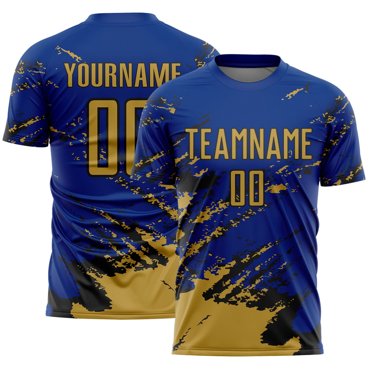 Custom Royal Old Gold-Black Abstract Fragment Art Splash Sports Sublimation Soccer Uniform Jersey - Main View