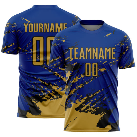 Custom Royal Old Gold-Black Abstract Fragment Art Splash Sports Sublimation Soccer Uniform Jersey - Main View
