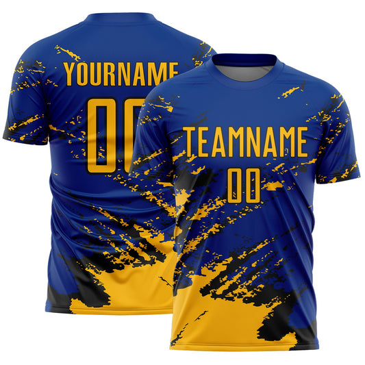 Custom Royal Gold-Black Abstract Fragment Art Splash Sports Sublimation Soccer Uniform Jersey - Main View