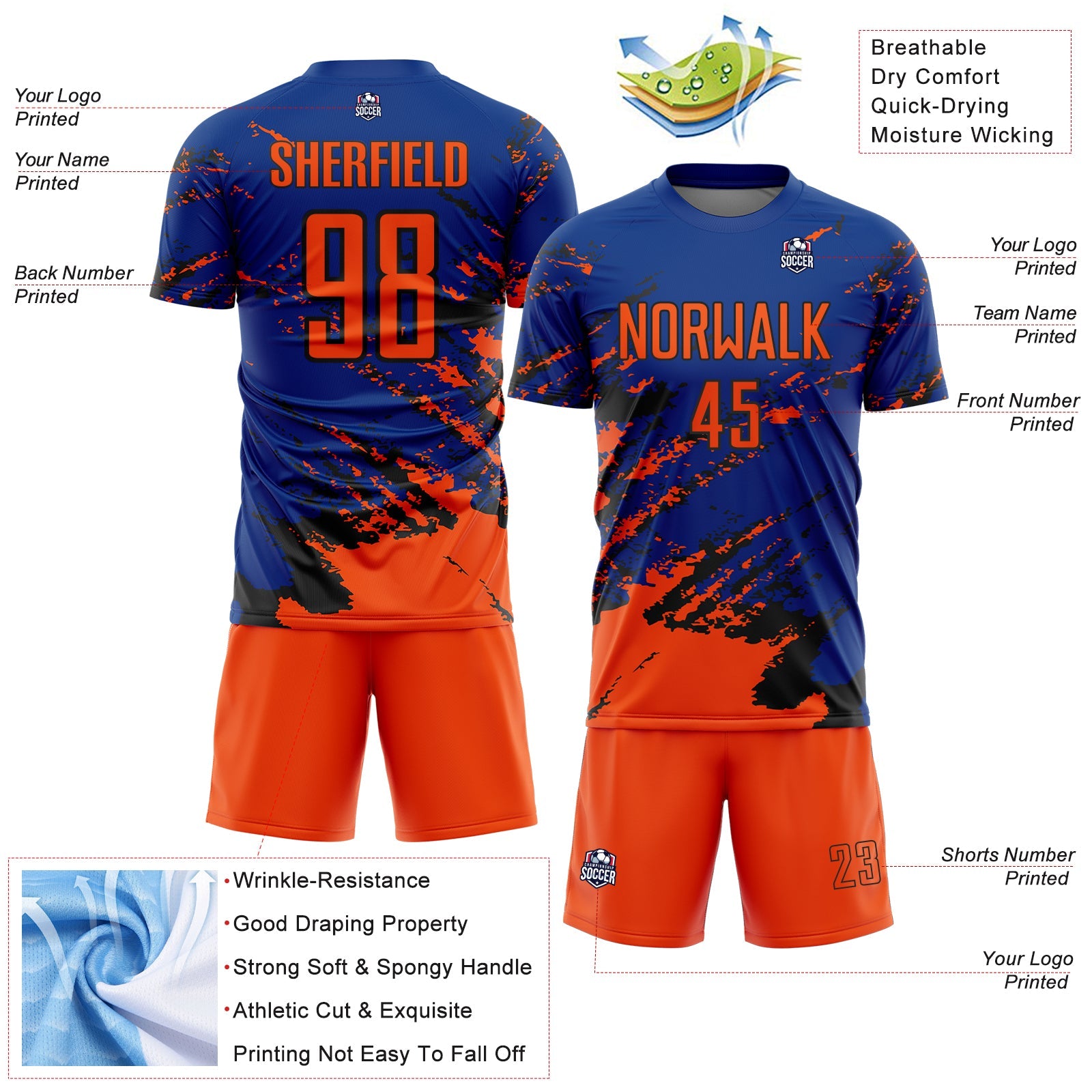 Custom Royal Orange-Black Abstract Fragment Art Splash Sports Sublimation Soccer Uniform Jersey view 4