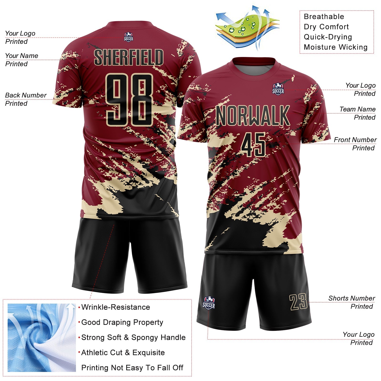 Custom Crimson Black-Cream Abstract Fragment Art Splash Sports Sublimation Soccer Uniform Jersey view 4