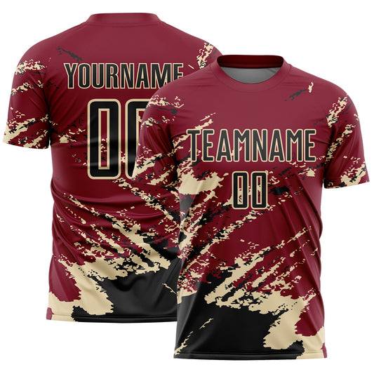 Custom Crimson Black-Cream Abstract Fragment Art Splash Sports Sublimation Soccer Uniform Jersey - Main View