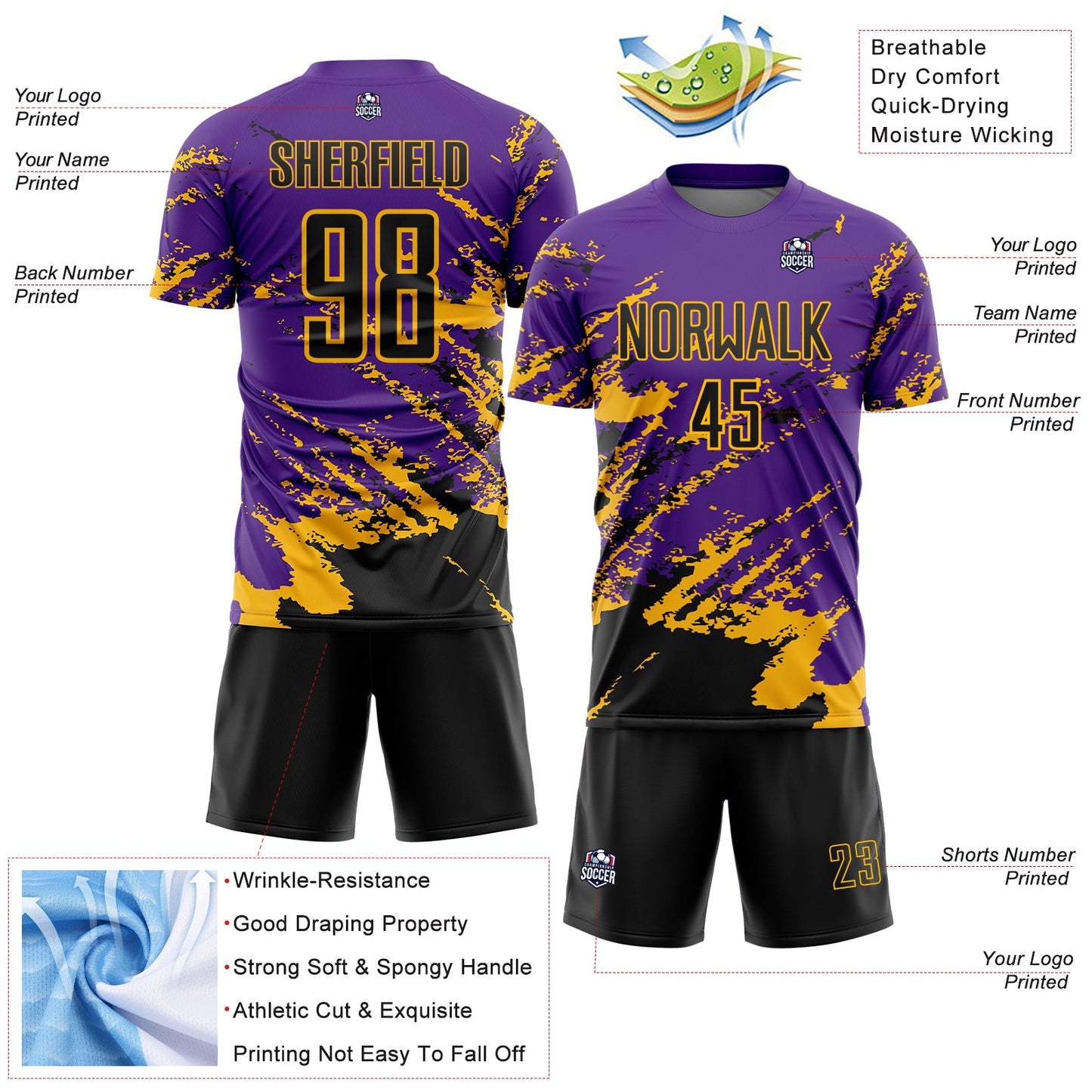 Custom Purple Black-Gold Abstract Fragment Art Splash Sports Sublimation Soccer Uniform Jersey view 4