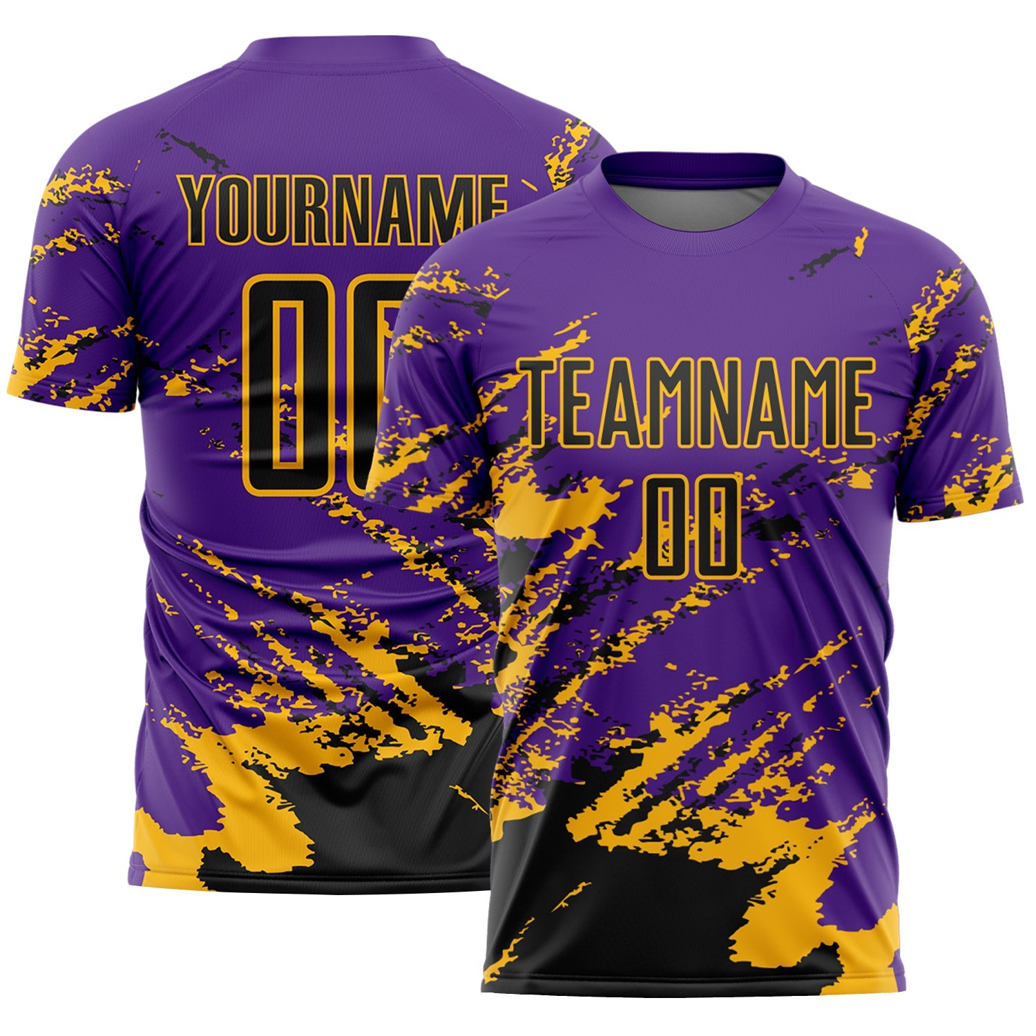 Custom Purple Black-Gold Abstract Fragment Art Splash Sports Sublimation Soccer Uniform Jersey - Main View