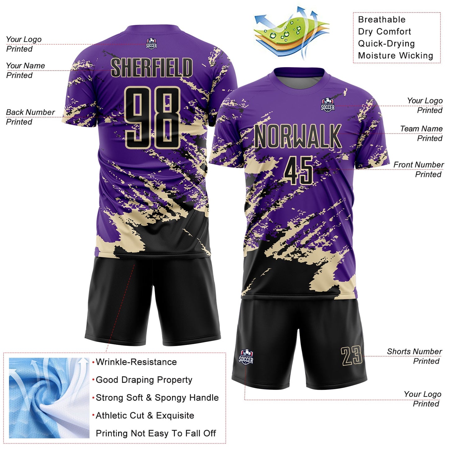 Custom Purple Black-Cream Abstract Fragment Art Splash Sports Sublimation Soccer Uniform Jersey view 4