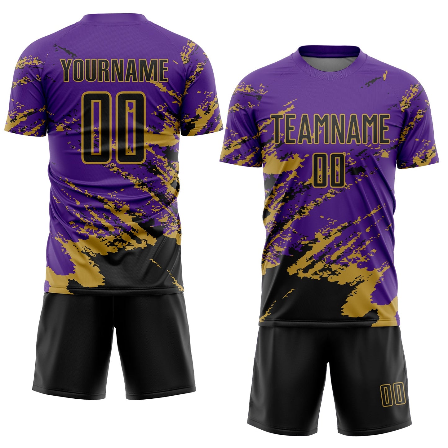 Custom Purple Black-Old Gold Abstract Fragment Art Splash Sports Sublimation Soccer Uniform Jersey view 2