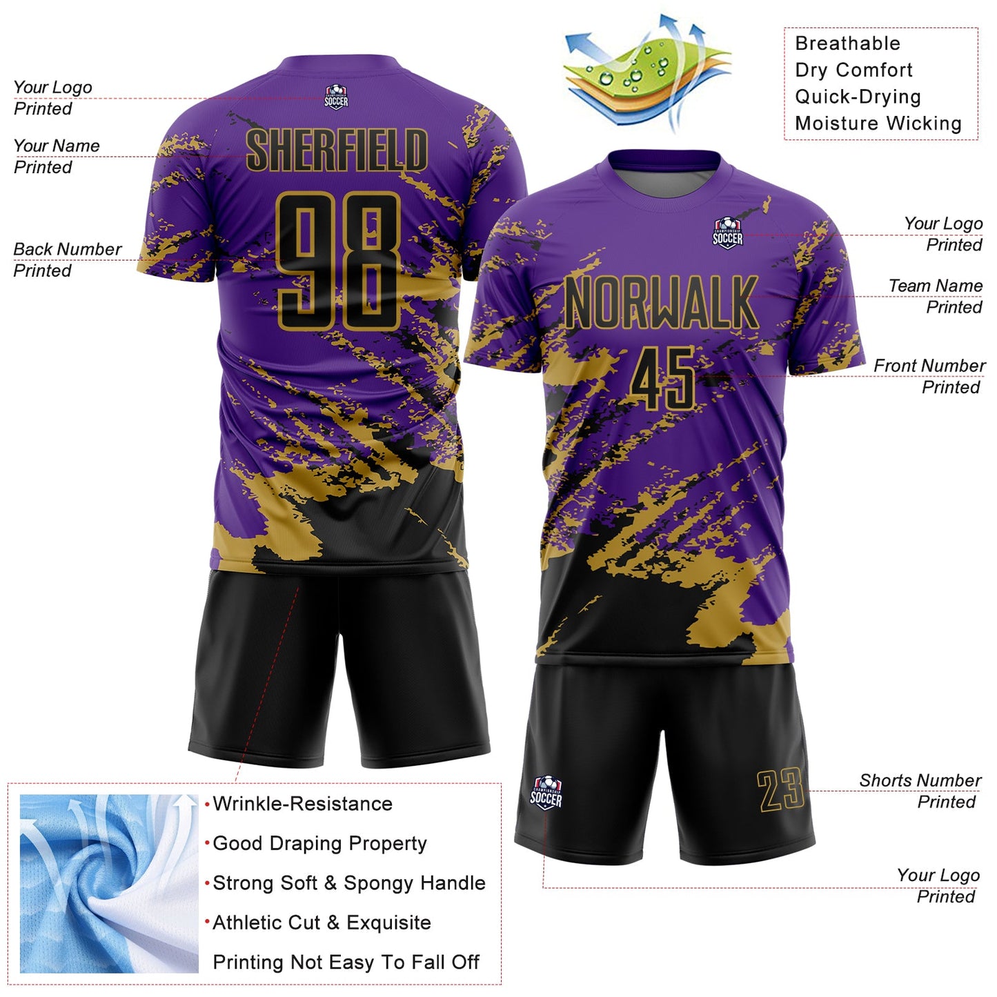 Custom Purple Black-Old Gold Abstract Fragment Art Splash Sports Sublimation Soccer Uniform Jersey view 4