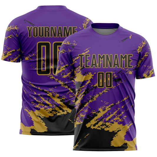 Custom Purple Black-Old Gold Abstract Fragment Art Splash Sports Sublimation Soccer Uniform Jersey - Main View