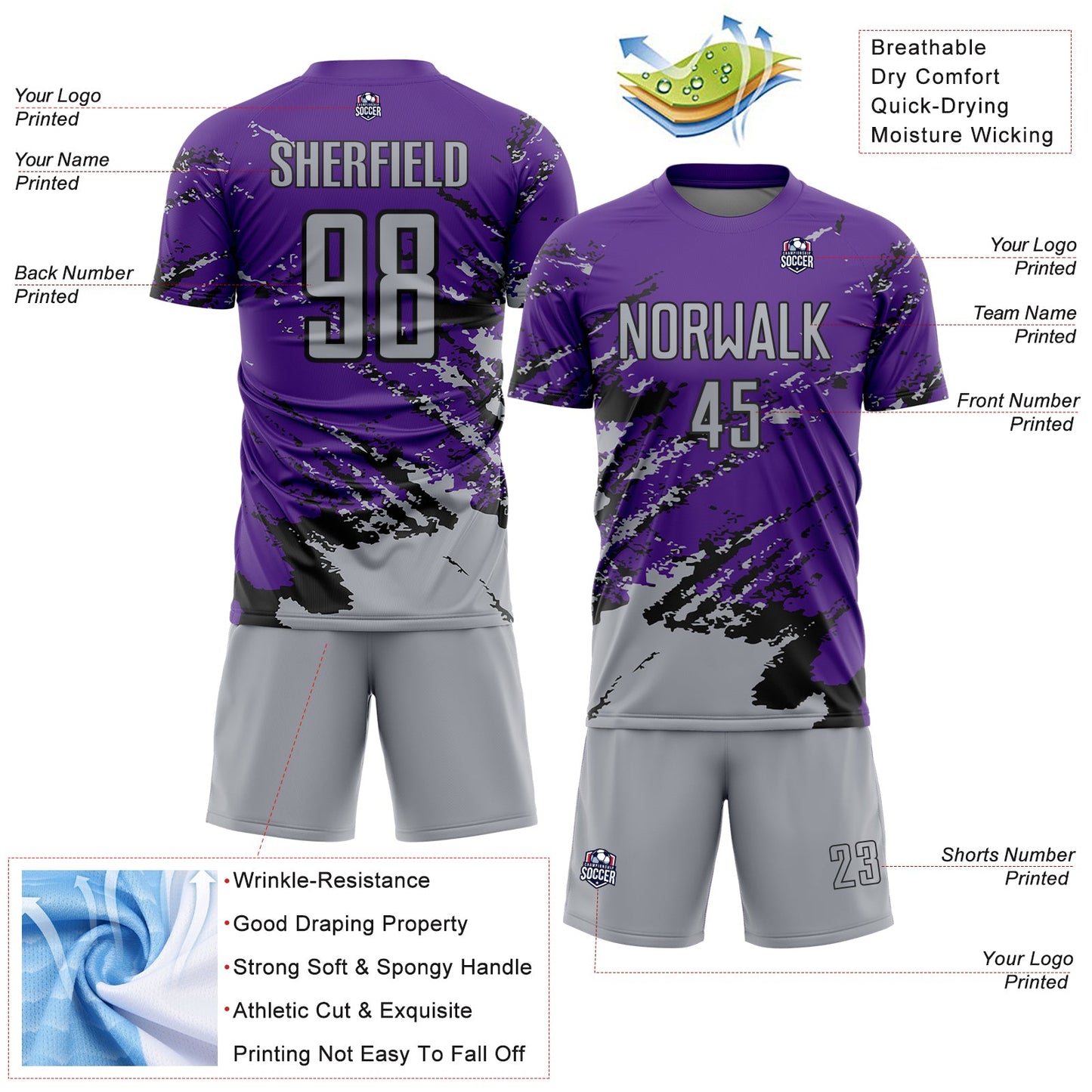 Custom Purple Gray-Black Abstract Fragment Art Splash Sports Sublimation Soccer Uniform Jersey view 4
