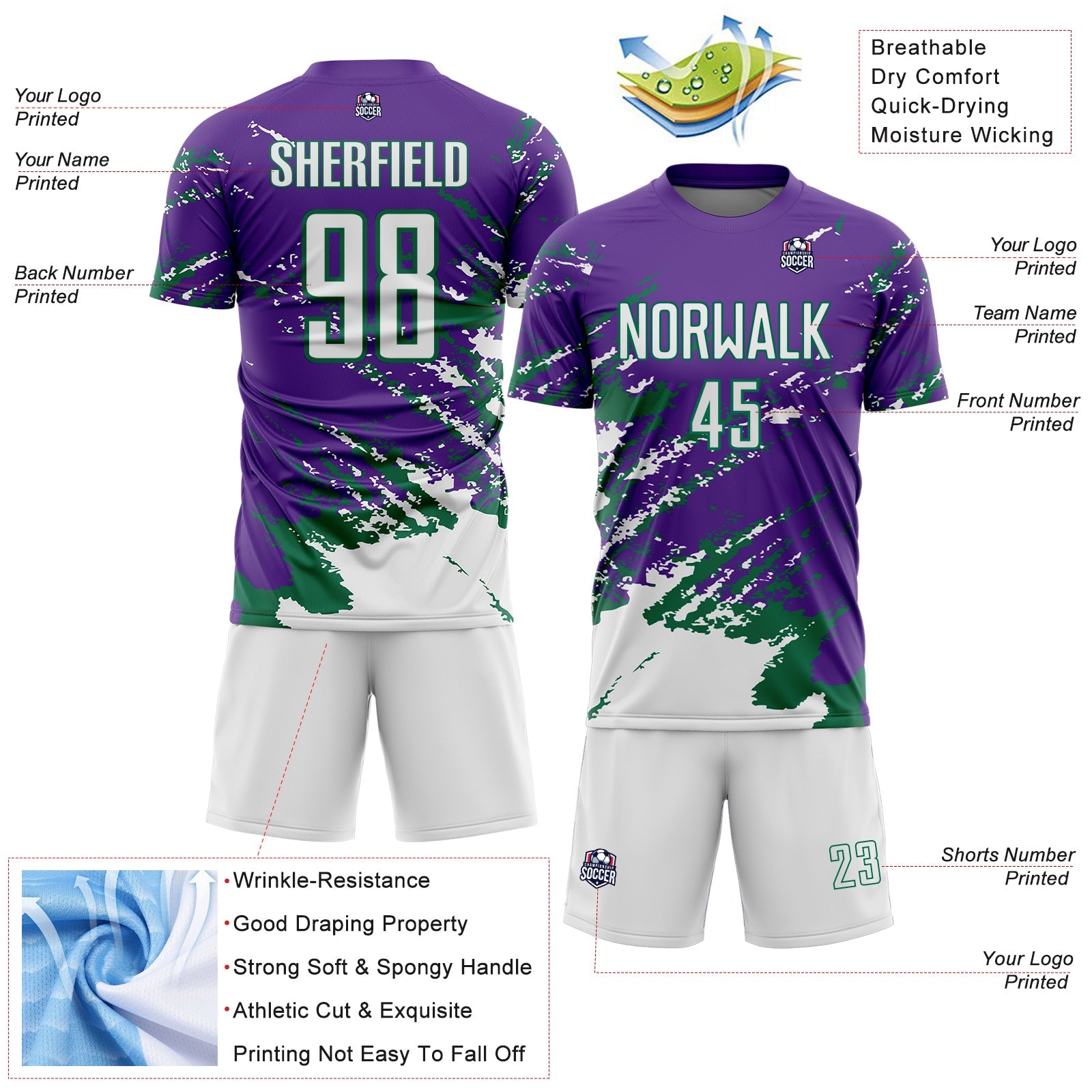 Custom Purple White-Kelly Green Abstract Fragment Art Splash Sports Sublimation Soccer Uniform Jersey view 4