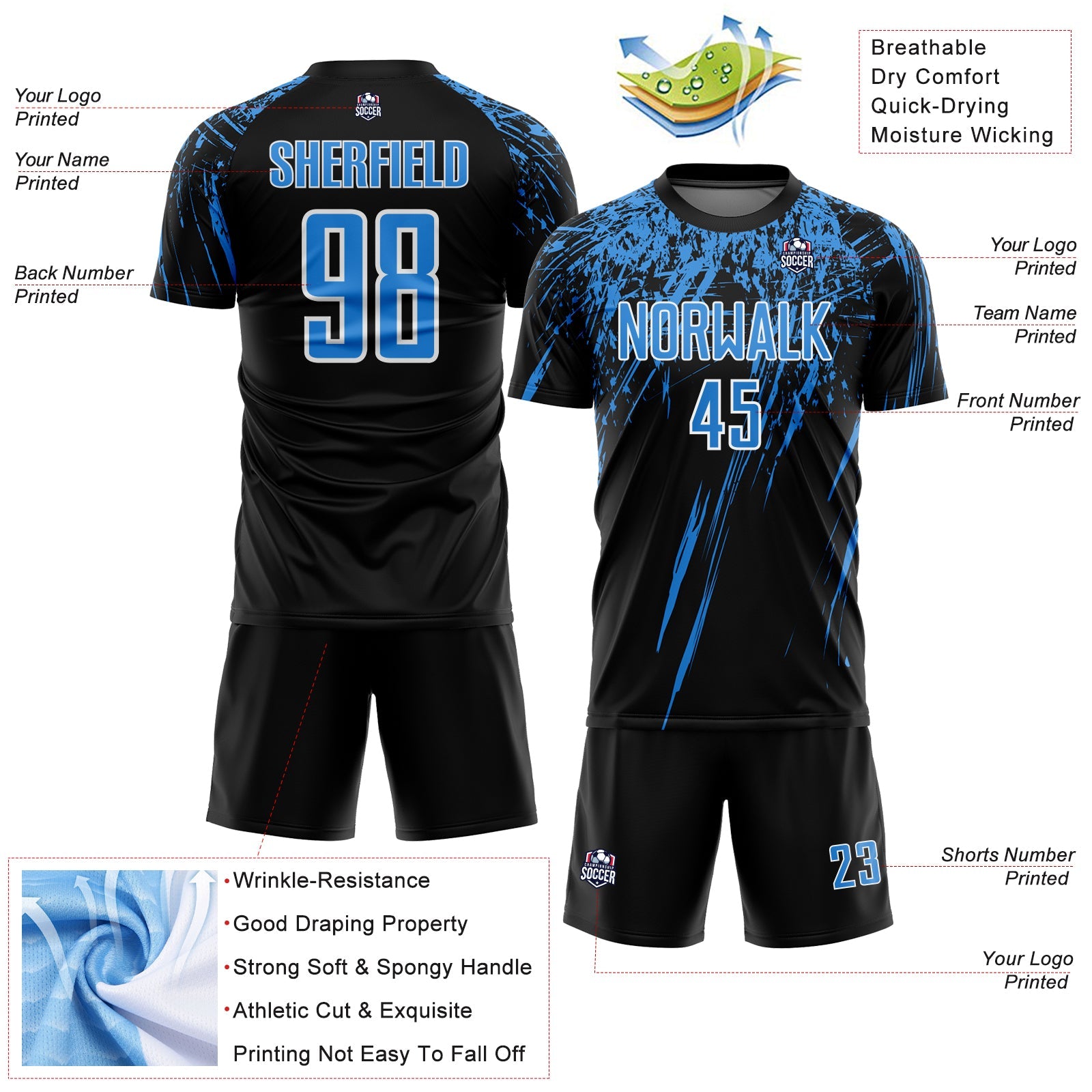 Custom Black Powder Blue-White Splash Sports Sublimation Soccer Uniform Jersey view 4