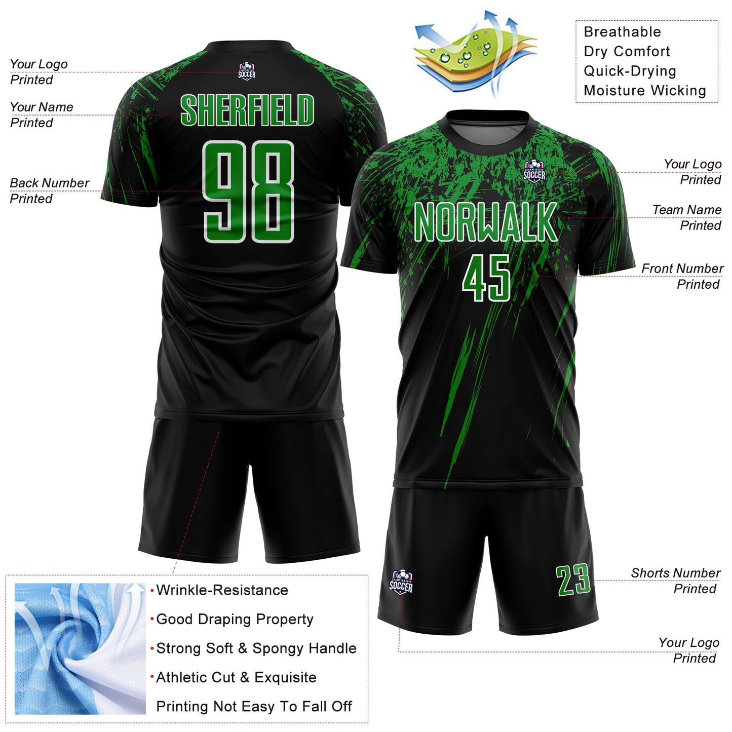 Custom Black Grass Green-White Splash Sports Sublimation Soccer Uniform Jersey view 4