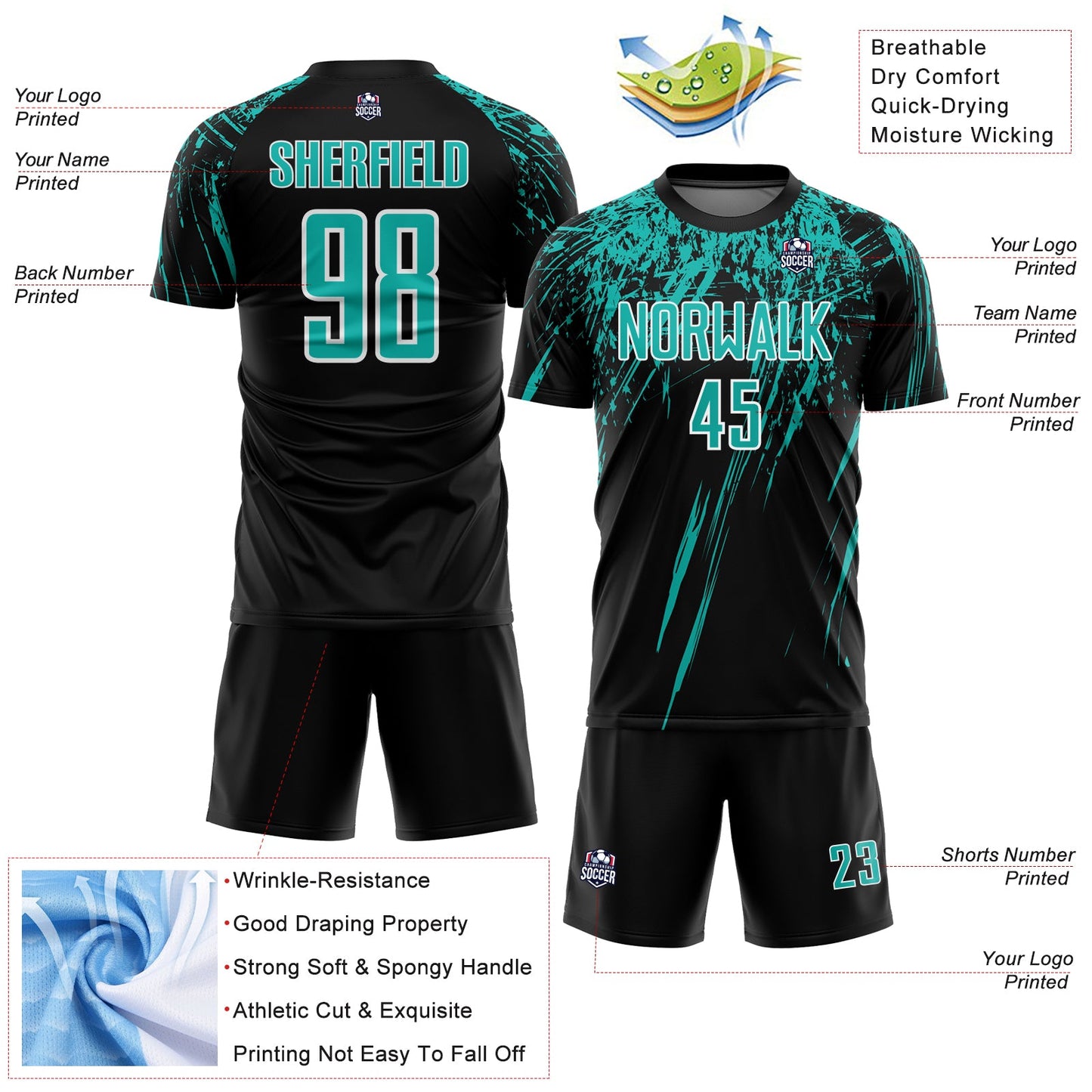 Custom Black Aqua-White Splash Sports Sublimation Soccer Uniform Jersey view 4