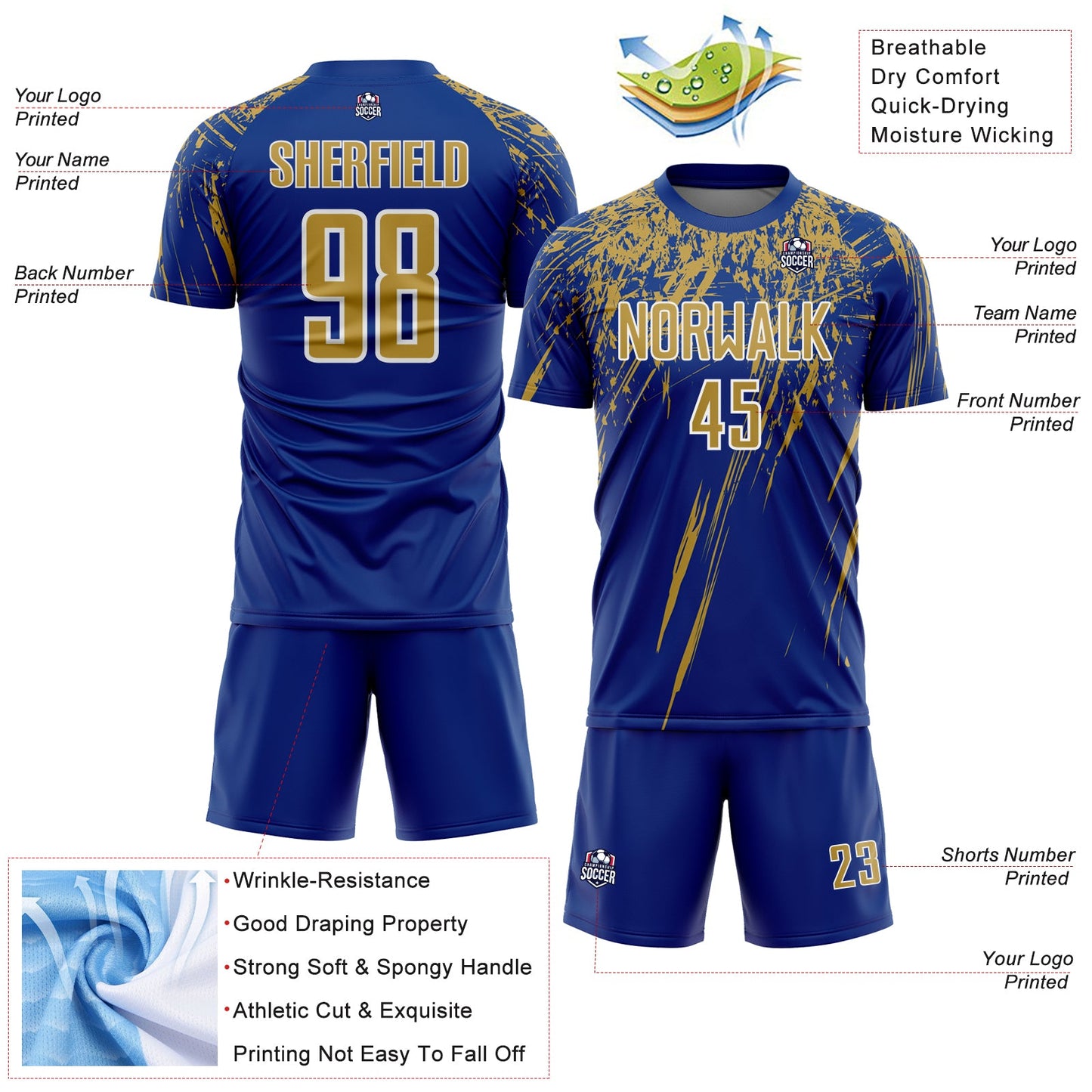 Custom Royal Old Gold-White Splash Sports Sublimation Soccer Uniform Jersey view 4