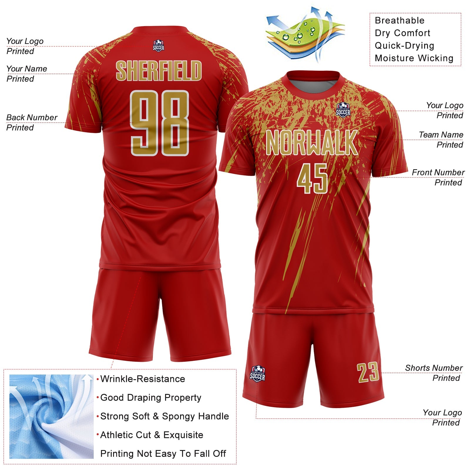 Custom Red Old Gold-White Splash Sports Sublimation Soccer Uniform Jersey view 4