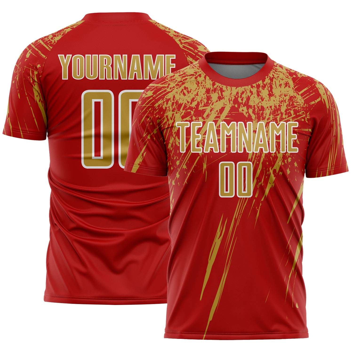 Custom Red Old Gold-White Splash Sports Sublimation Soccer Uniform Jersey - Main View