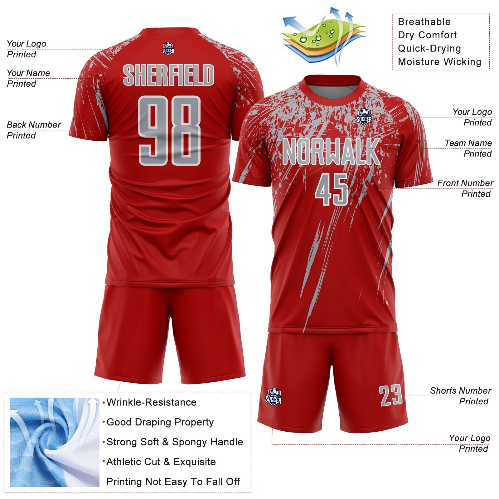 Custom Red Gray-White Splash Sports Sublimation Soccer Uniform Jersey view 4