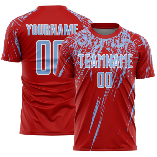 Custom Red Light Blue-White Splash Sports Sublimation Soccer Uniform Jersey - Main View
