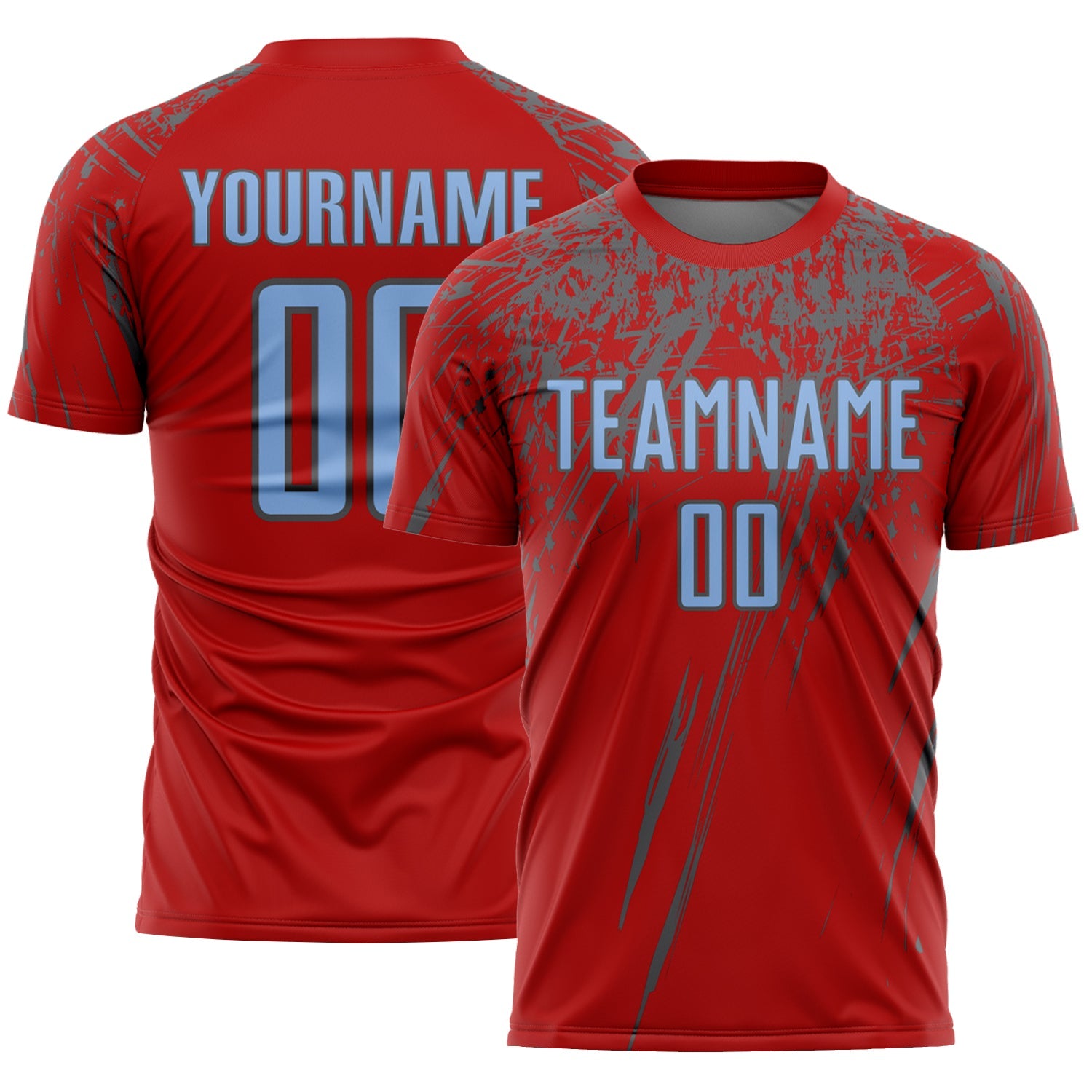 Custom Red Light Blue-Steel Gray Splash Sports Sublimation Soccer Uniform Jersey - Main View