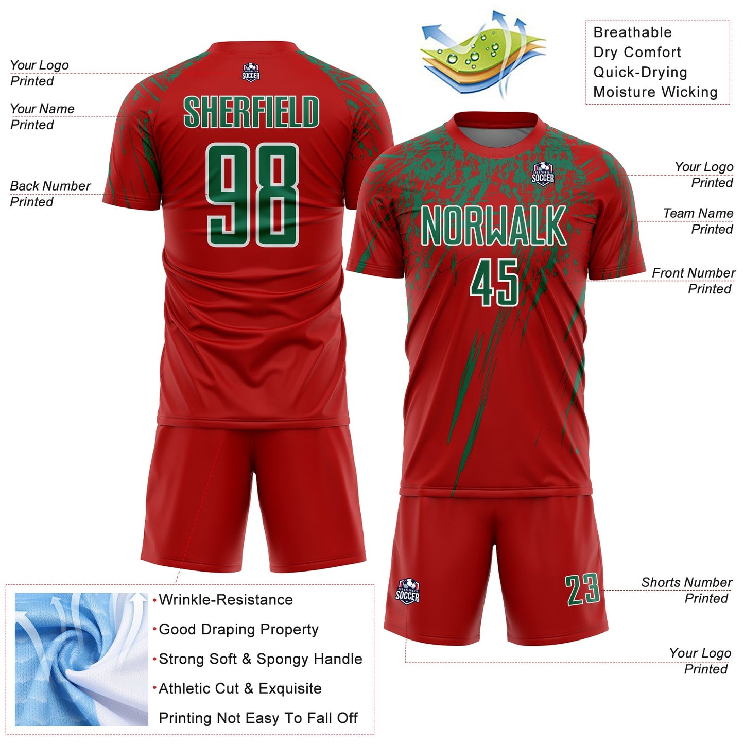 Custom Red Kelly Green-White Splash Sports Sublimation Soccer Uniform Jersey view 4