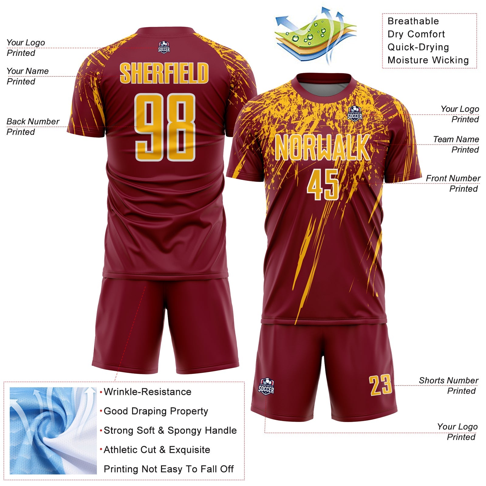 Custom Crimson Gold-White Splash Sports Sublimation Soccer Uniform Jersey view 4