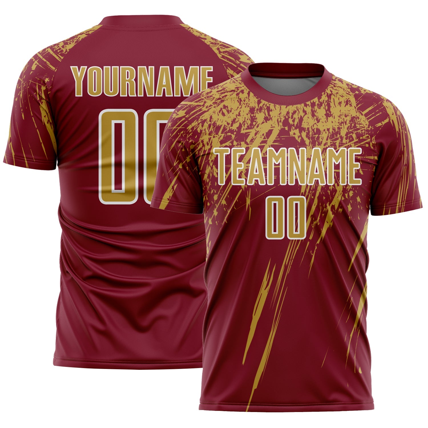 Custom Crimson Old Gold-White Splash Sports Sublimation Soccer Uniform Jersey - Main View