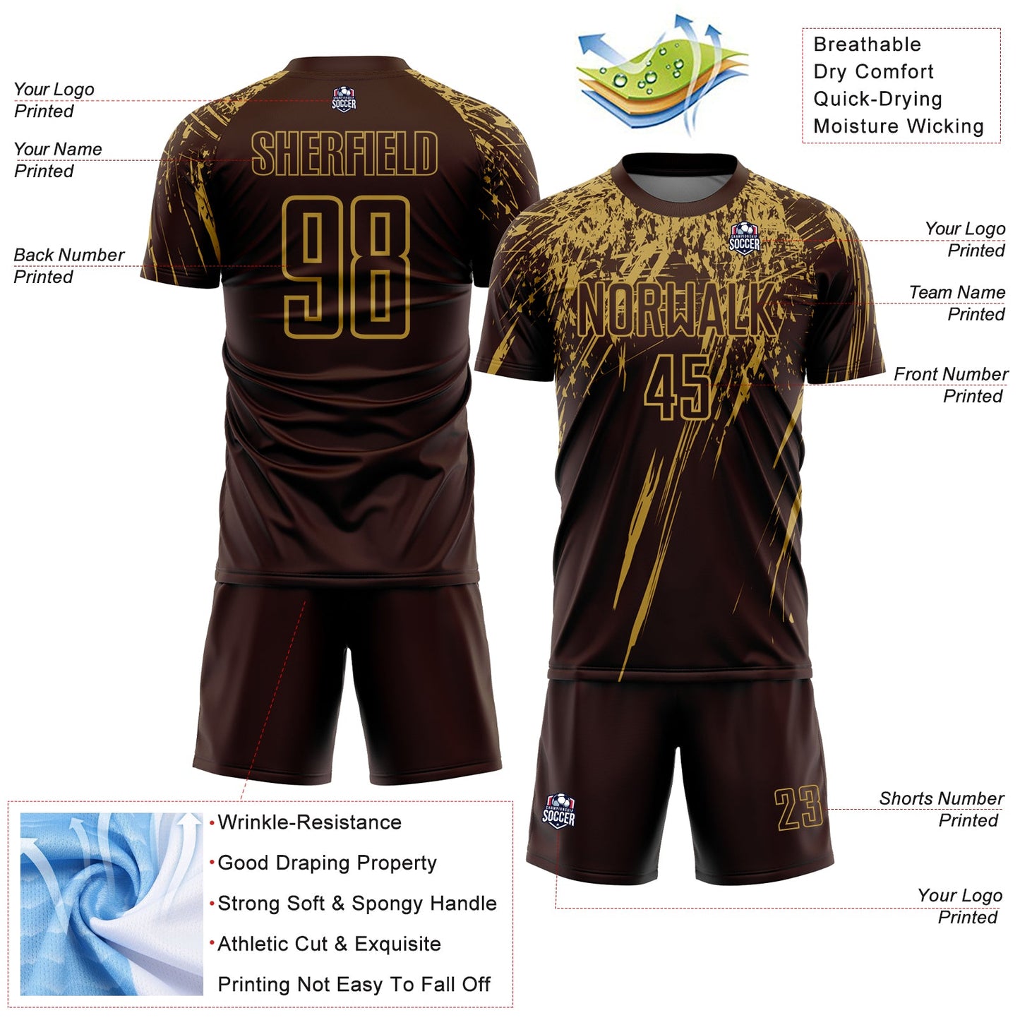 Custom Brown Old Gold Splash Sports Sublimation Soccer Uniform Jersey view 4